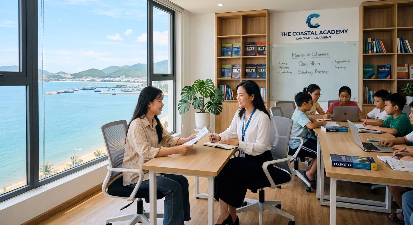 editorial style photograph of a modern, bright language learning center in the
